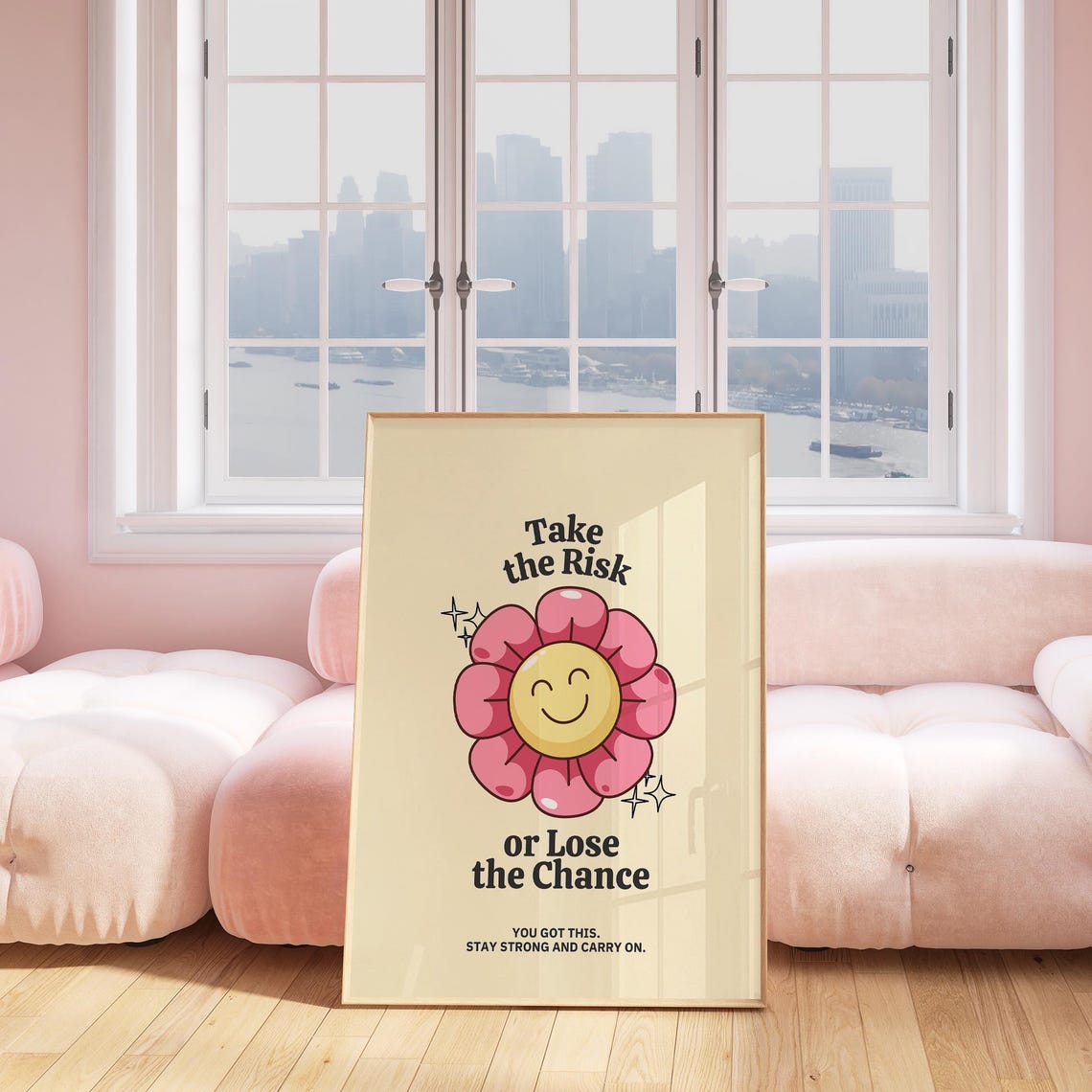 Take the Risk or Lose the Chance Pink Smiley Flower Affirmation Poster - Image 3