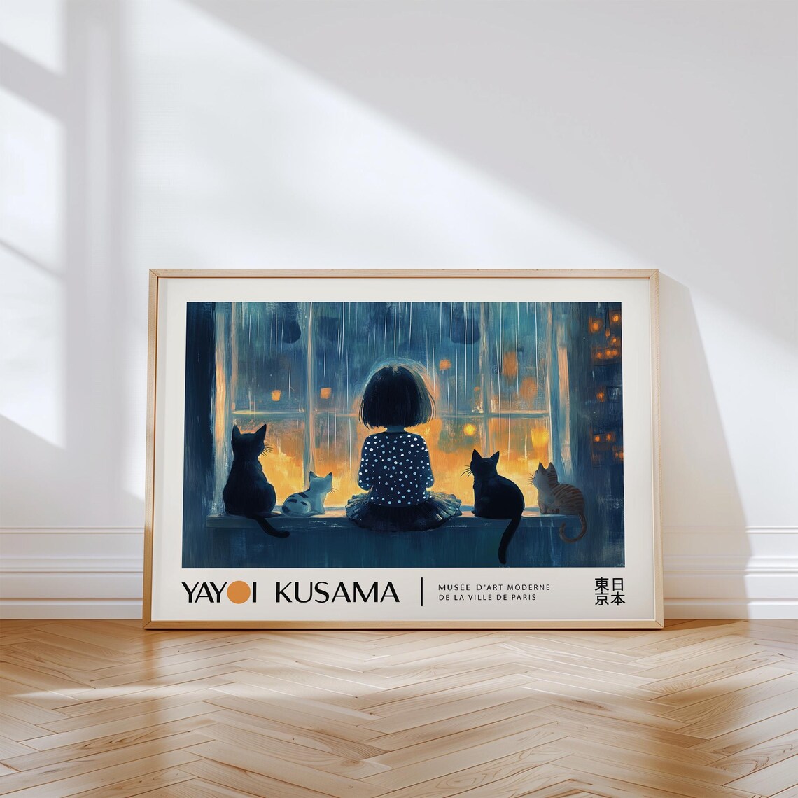 Yayoi Kusama Rainy Night Window Girl And Cats Cozy Scene Style Poster