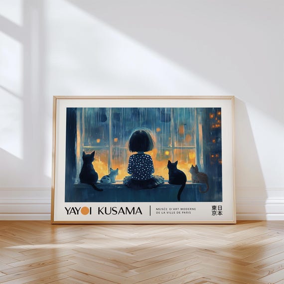 Kusama Girl And Cats At Window Poster Horizontal Wall Art For Kids Room Yayoi Kusama Cute Print For Girls Bedroom Or Nursery