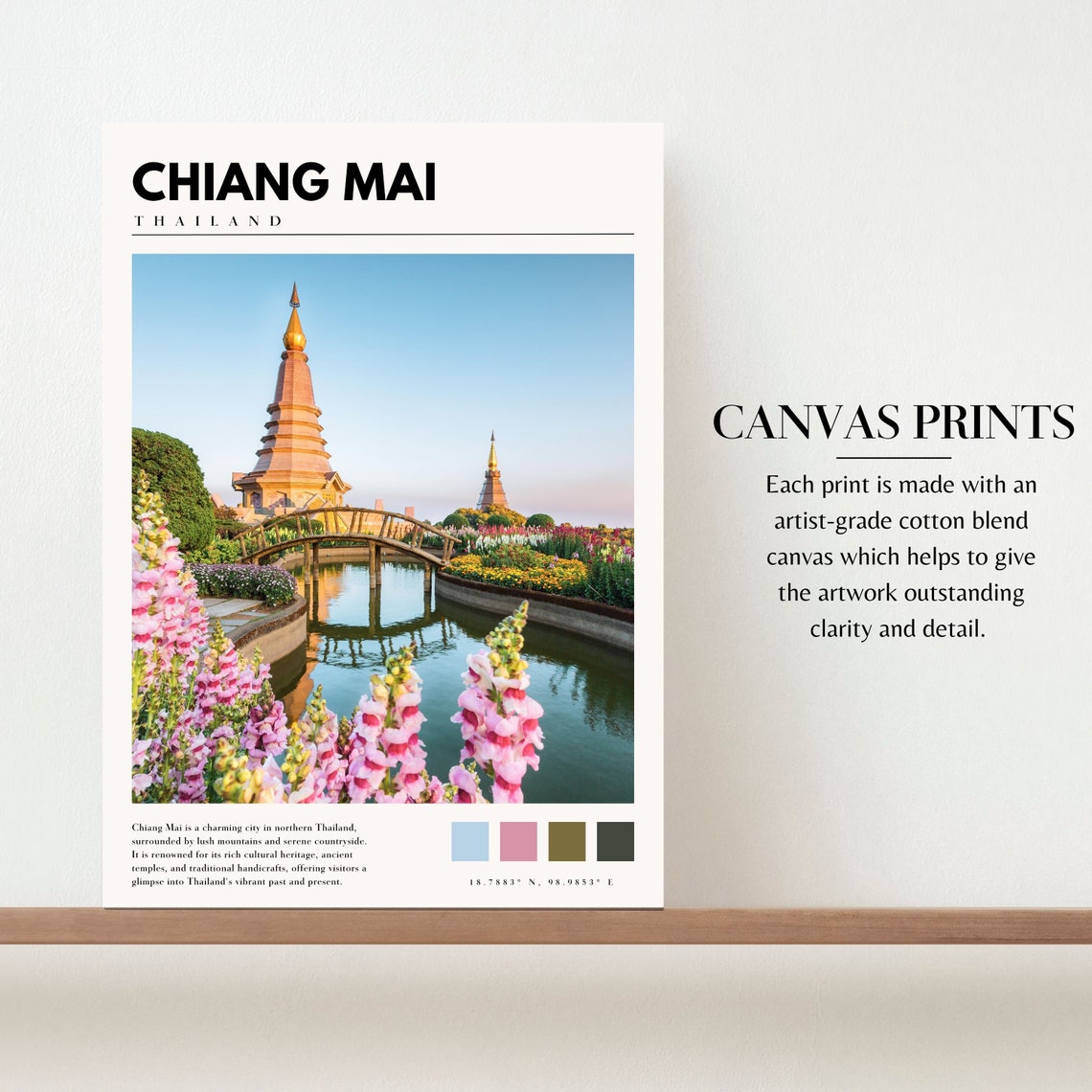 Chiang Mai Thailand Twin Stupa Garden Bridge Flower View Poster - Image 2