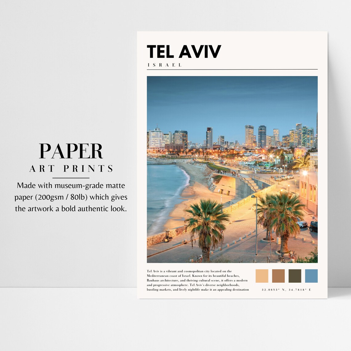 Tel Aviv Israel Beach Promenade Dusk City Lights Skyline Poster - Image 3