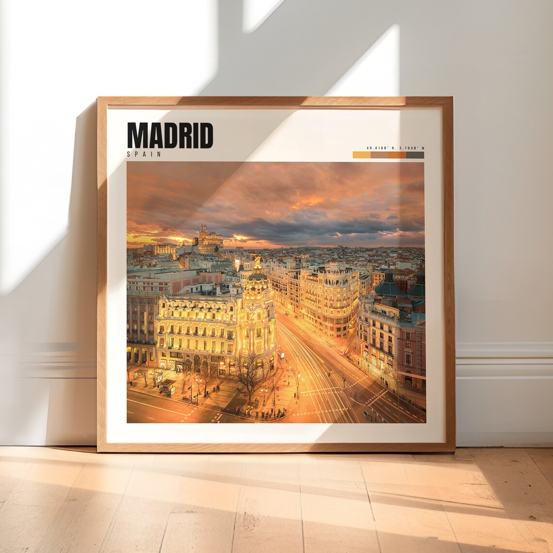Madrid Poster with Gran Via Buildings Glowing at Dramatic Sunset