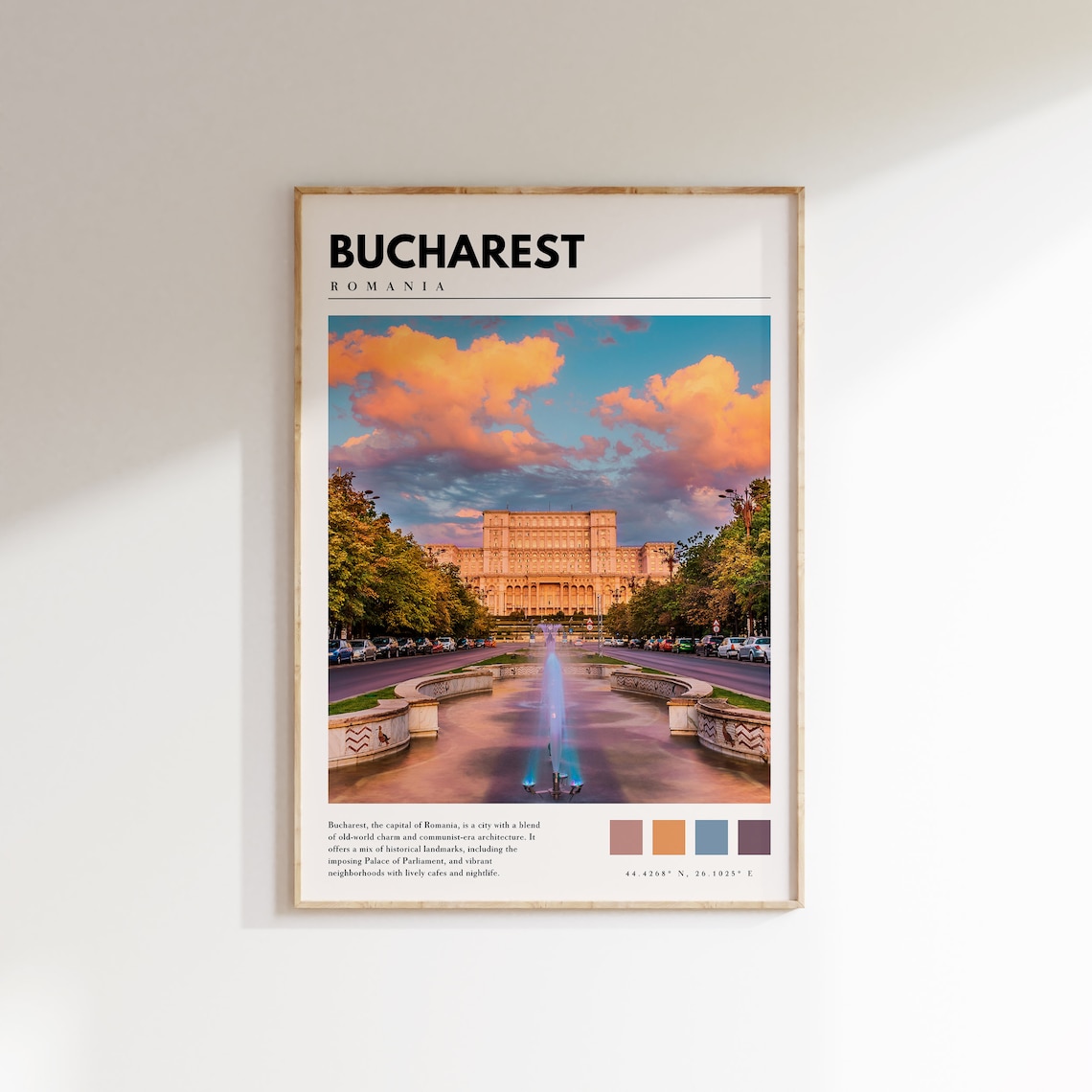 Bucharest Romania Palace of Parliament Sunset Fountain Travel Poster