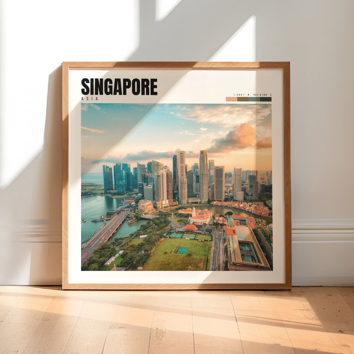 Singapore Poster with Marina Bay Skyline at Warm Sunset Glow