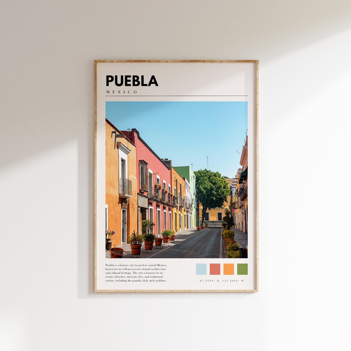 Puebla Mexico Colorful Colonial Street Pastel Buildings Travel Poster
