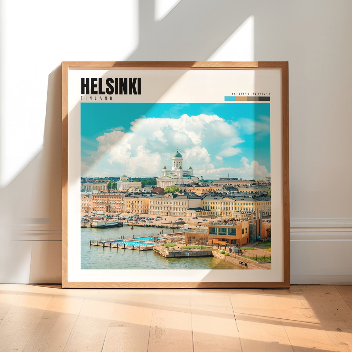 Helsinki Poster with Cathedral and Harbor on a Bright Summer Day