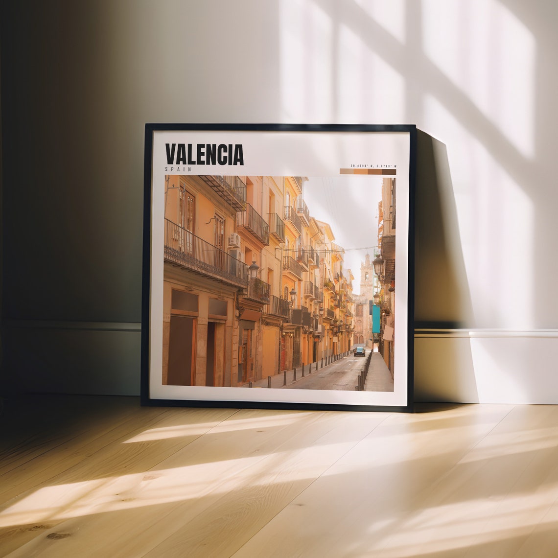 Valencia Spain Old Town Sunlit Street Balconies Golden View Poster - Image 3
