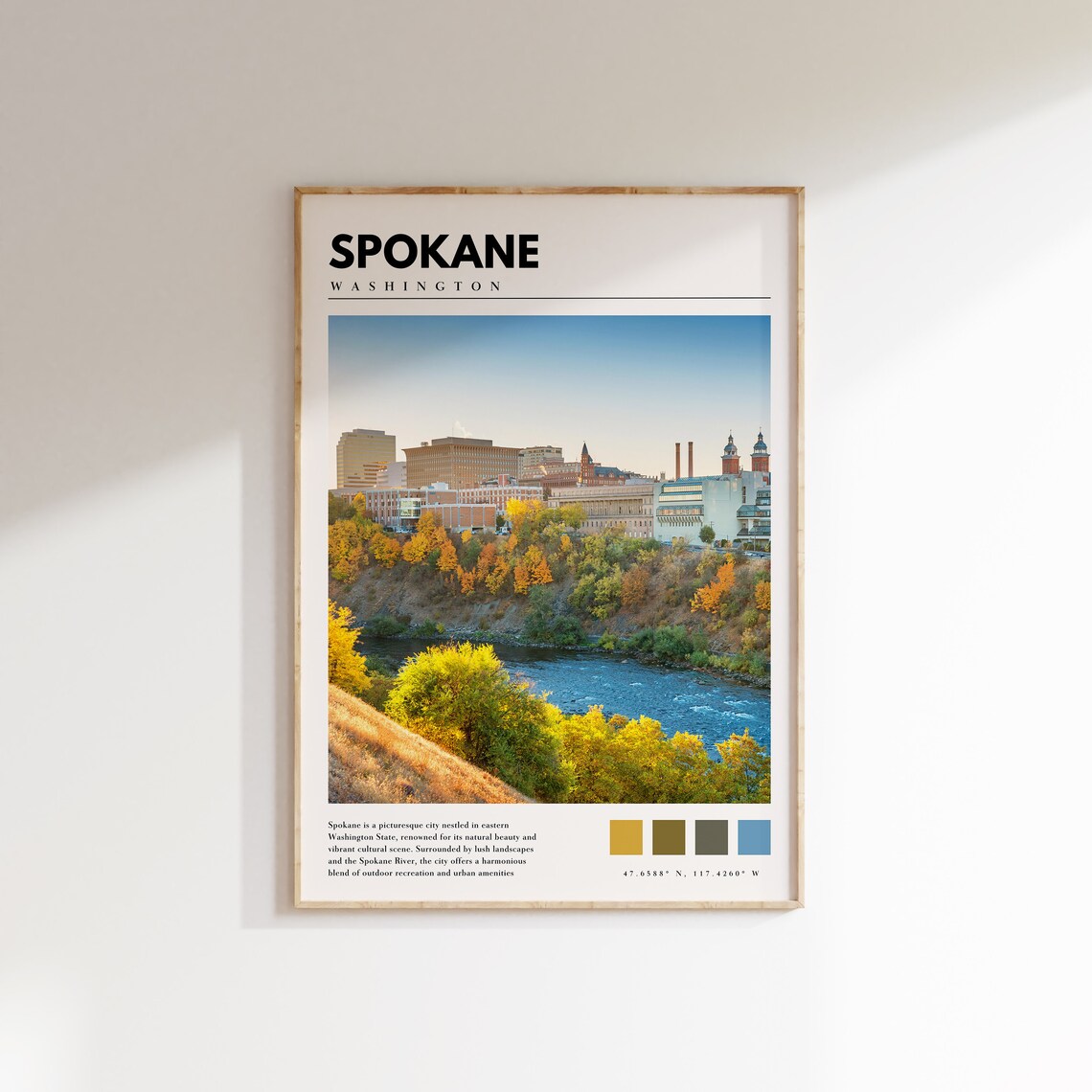 Spokane Washington River Fall Foliage Downtown Skyline Travel Poster