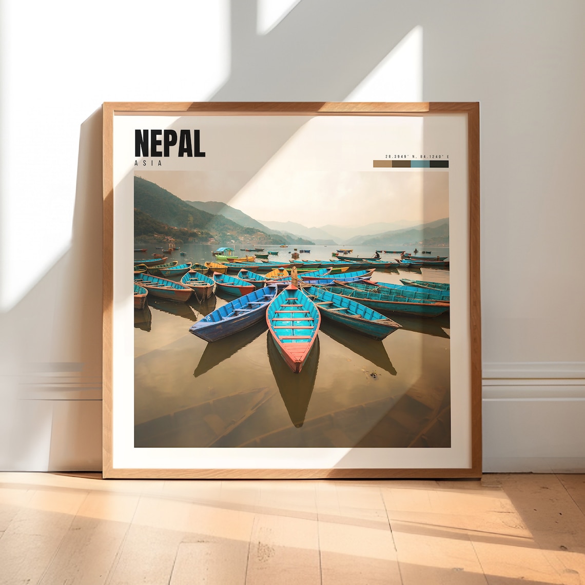 Nepal Phewa Lake Colorful Boats Misty Himalayan Hills Travel Poster