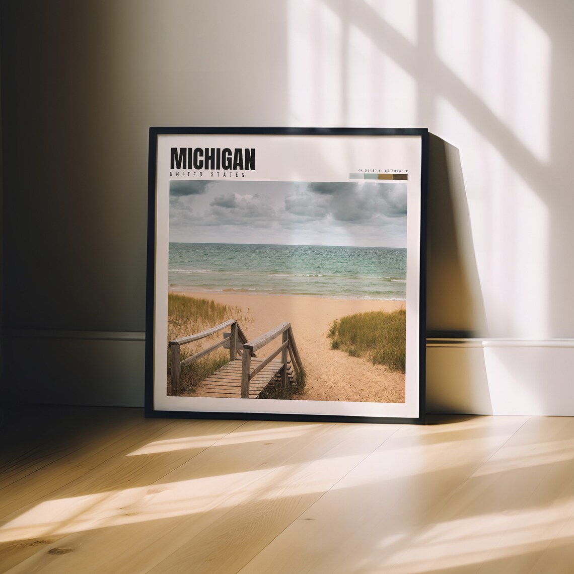 Michigan Lake Beach Wooden Boardwalk Dunes Cloudy Travel Poster - Image 3