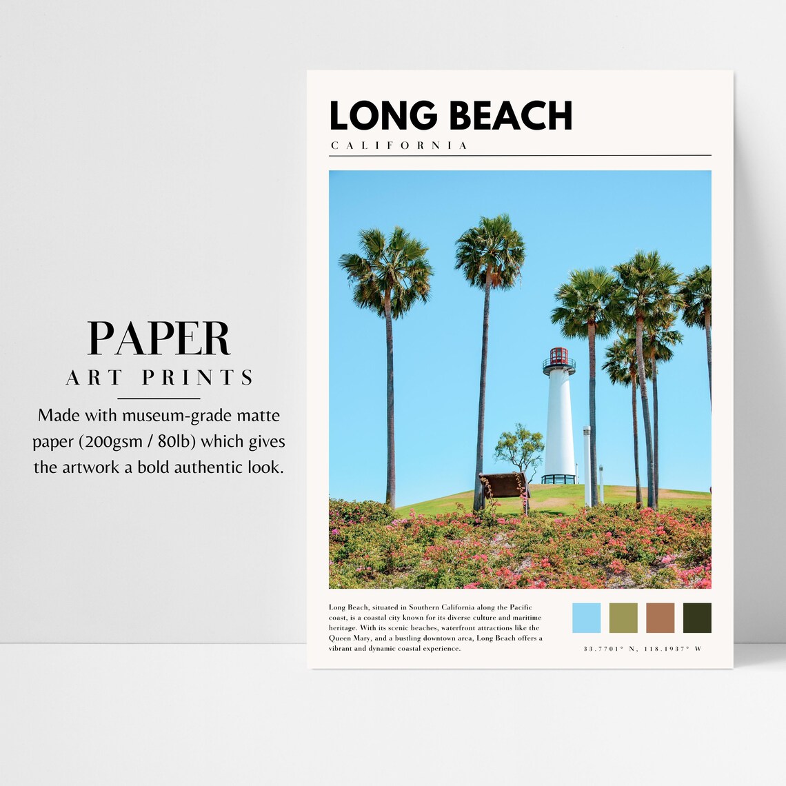 Long Beach California Lighthouse Palm Trees Sunny Coast Travel Poster - Image 3