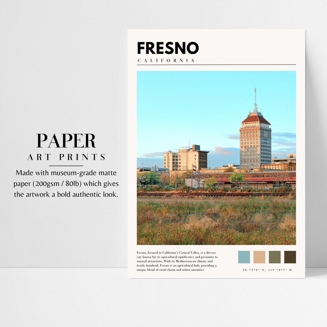 Fresno California City Skyline Blue Sky Downtown Street Travel Poster - Image 3
