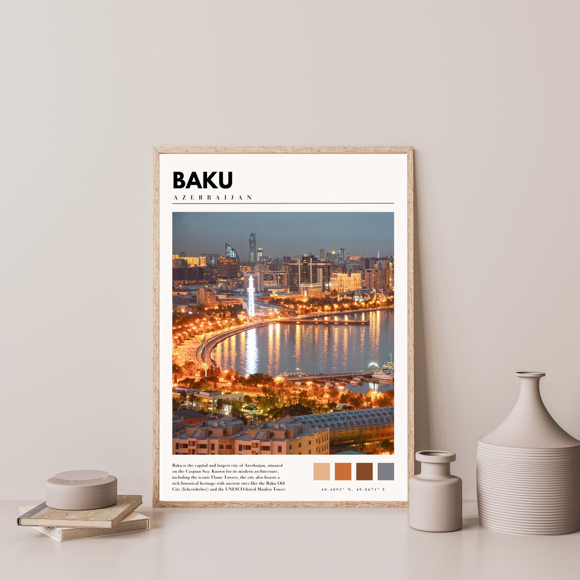 Baku Azerbaijan Caspian Sea Waterfront Night Lights Cityscape Poster - Image 4