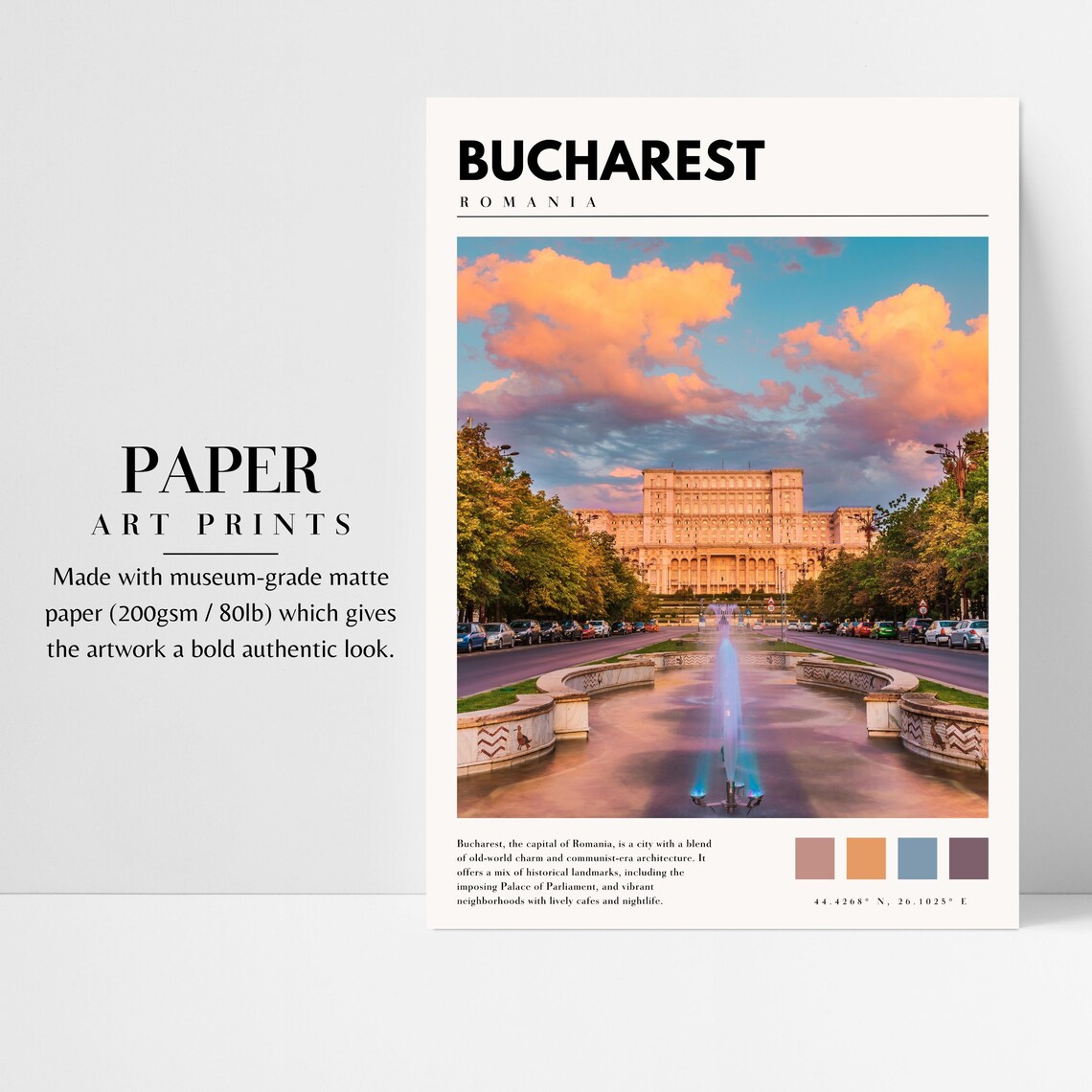 Bucharest Romania Palace of Parliament Sunset Fountain Travel Poster - Image 3