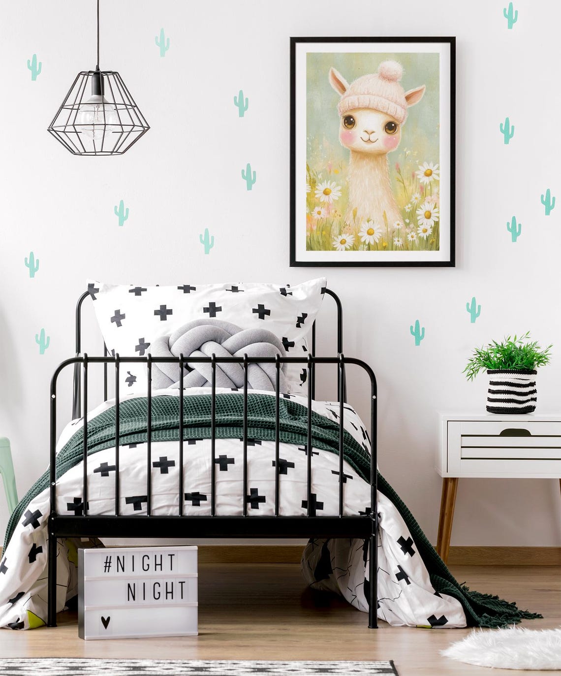 Cute Llama In Pink Knit Hat Among Daisies Nursery Decor Poster - Image 2