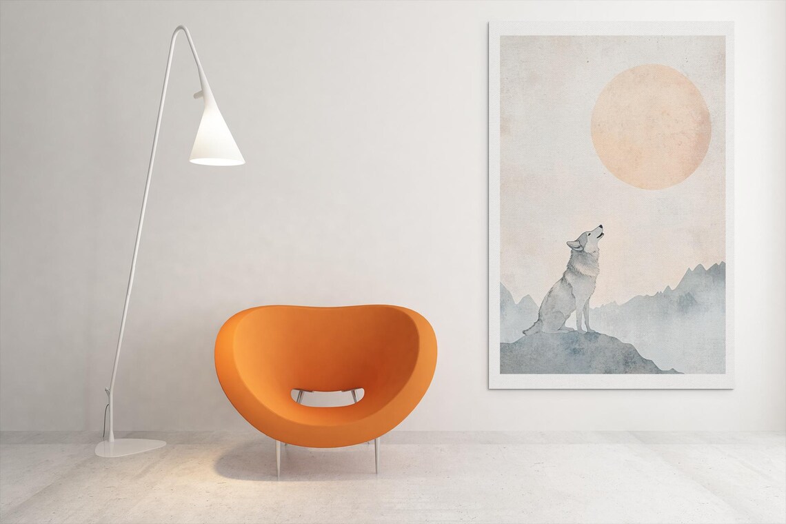 Howling Wolf Under Large Moon Misty Mountain Watercolor Poster - Image 2