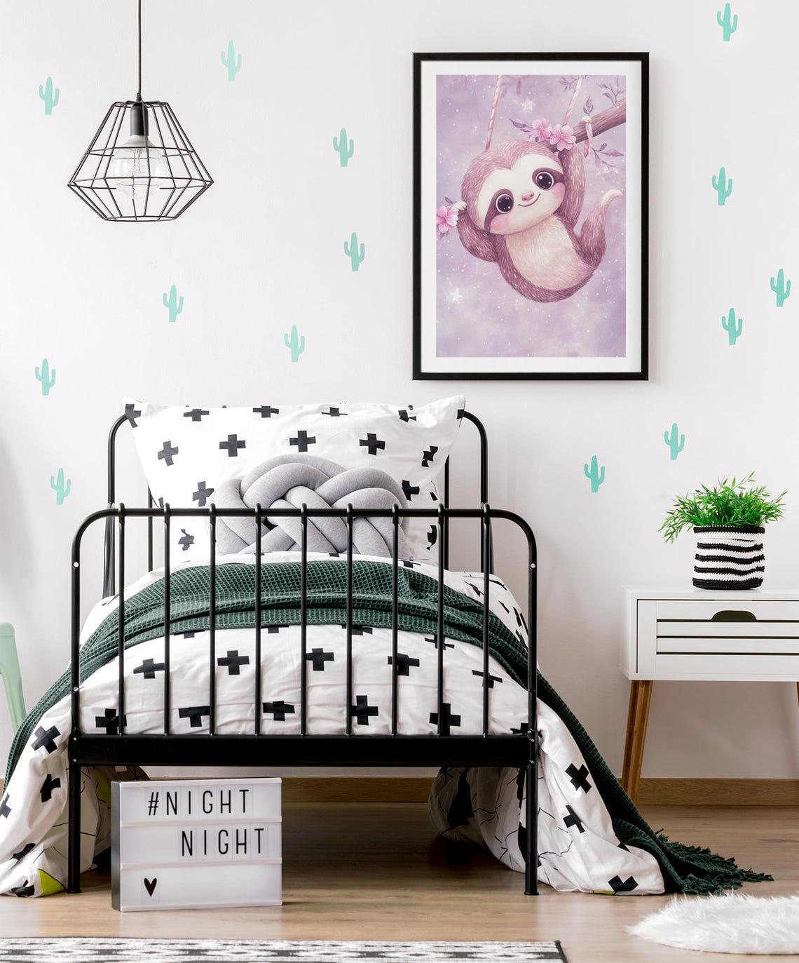 Cute Sloth On Branch With Blossoms Purple Dreamy Nursery Poster - Image 2