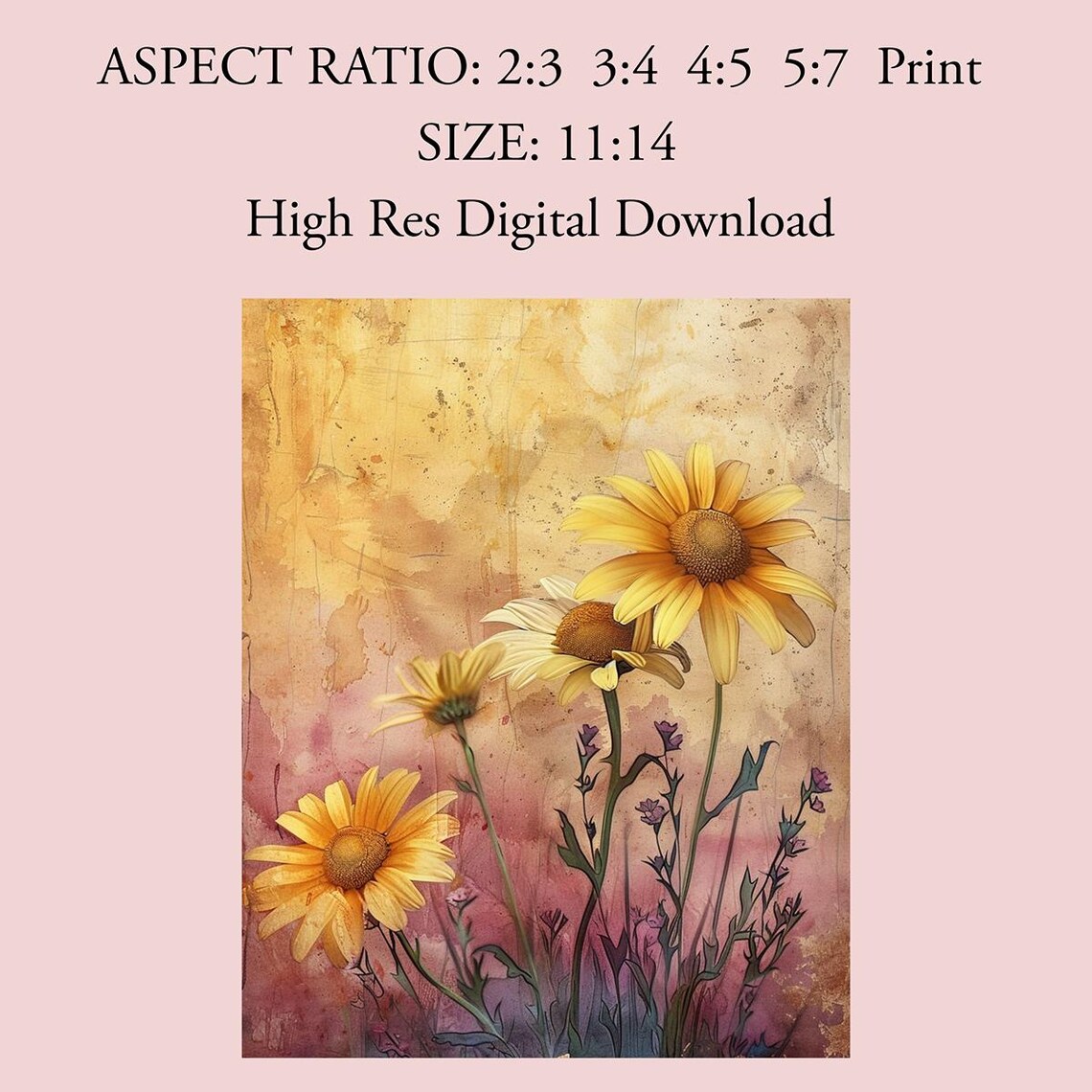 Sunflower Watercolor Golden Pink Rustic Background Floral Poster - Image 3