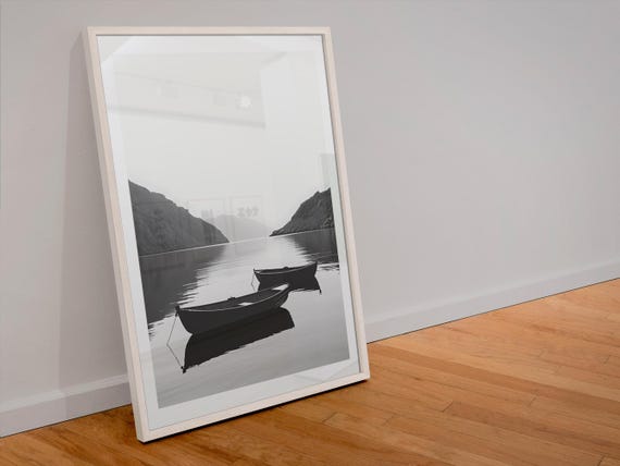 Black And White Lake Wall Art Print Boats On Water Poster Minimalist Nature Decor Serene Landscape Art Mountain View