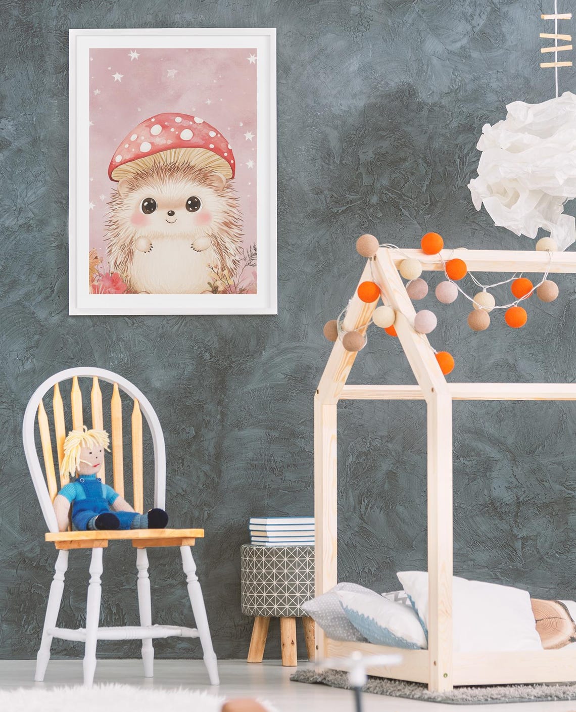 Adorable Hedgehog With Mushroom Hat Pink Starry Nursery Poster - Image 3
