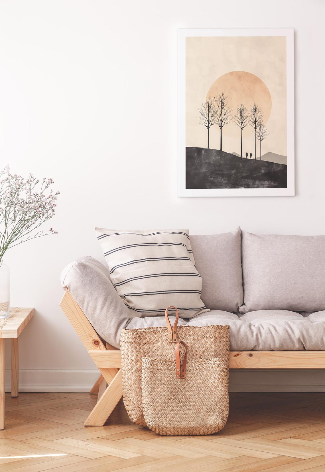 Minimalist Peach Sun And Bare Trees Serene Landscape Art Poster - Image 3