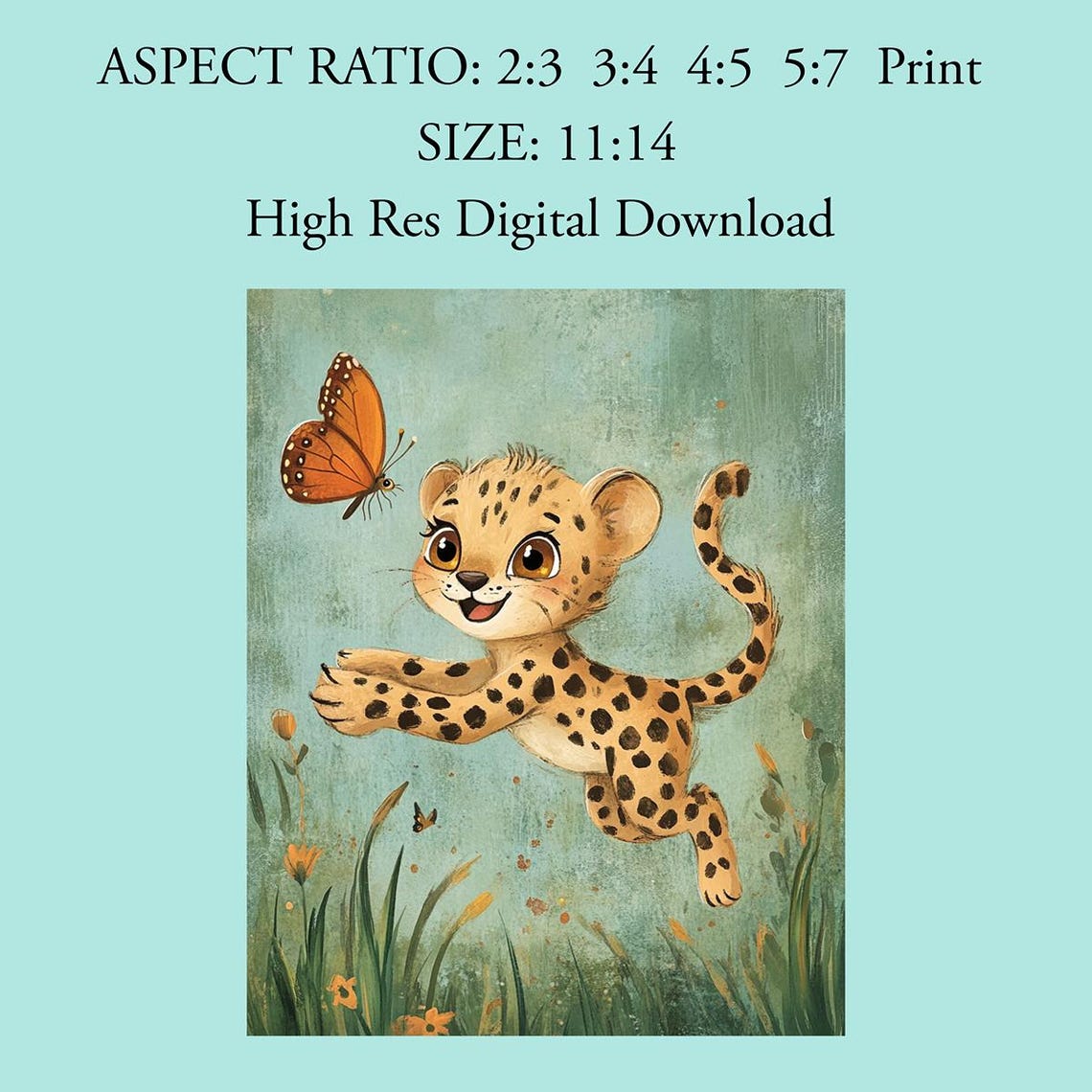 Playful Baby Cheetah Chasing Butterfly Meadow Nursery Poster - Image 4
