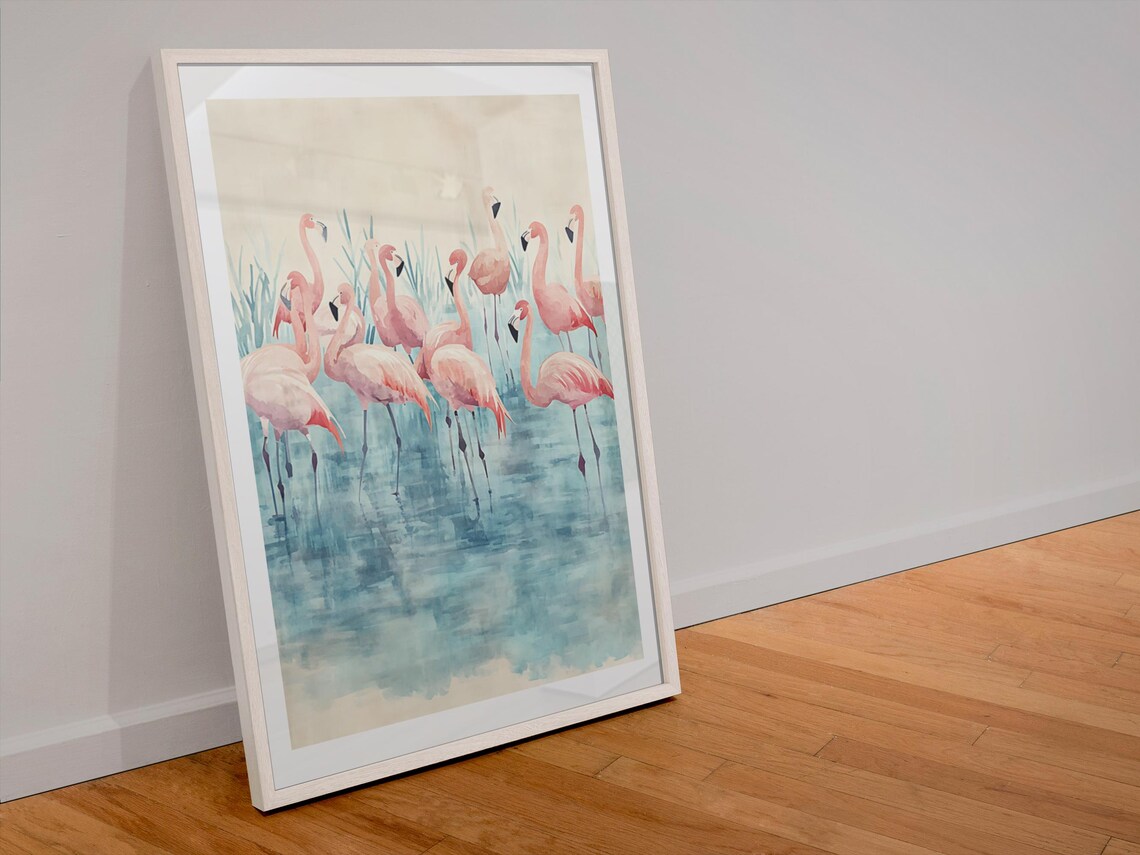 Pink Flamingo Flock in Turquoise Water Watercolor Nature Poster