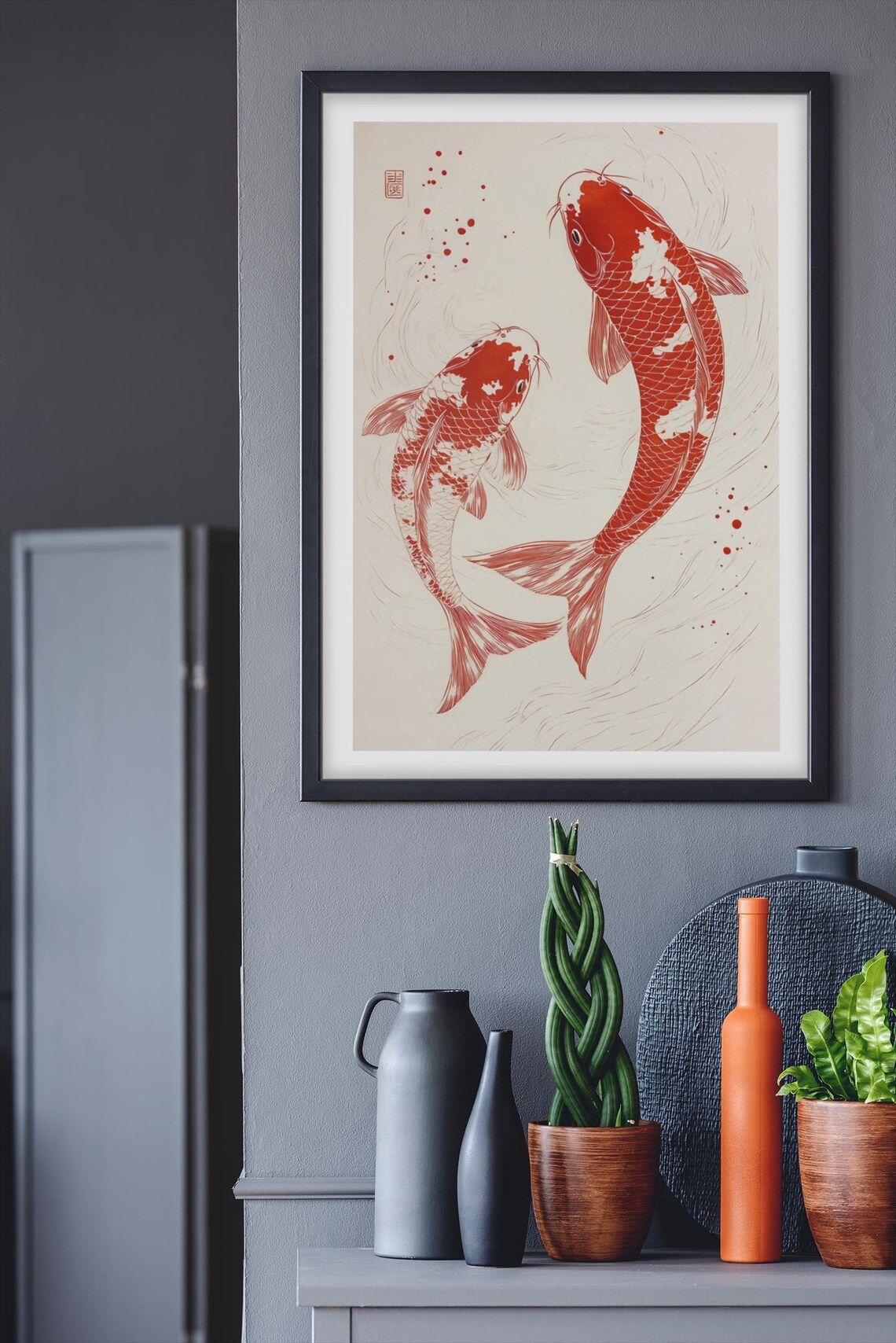 Two Red Koi Fish Yin Yang Traditional Japanese Ink Art Poster - Image 4