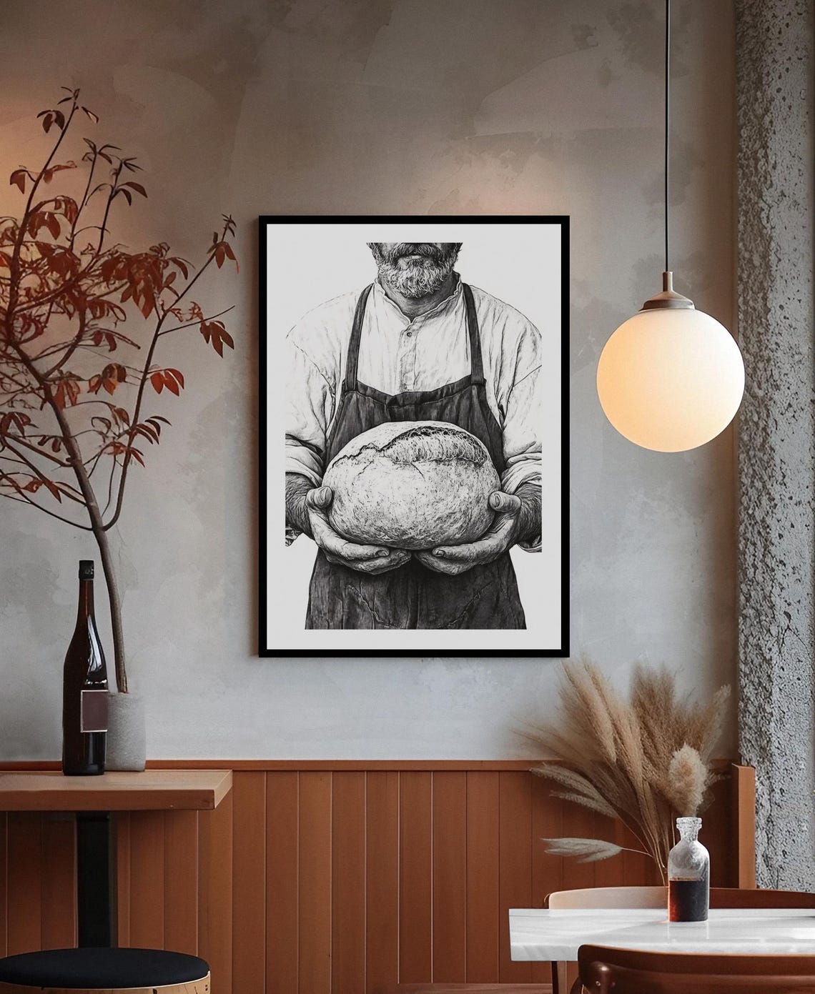 Baker Holding Artisan Bread Loaf Black And White Rustic Poster - Image 2
