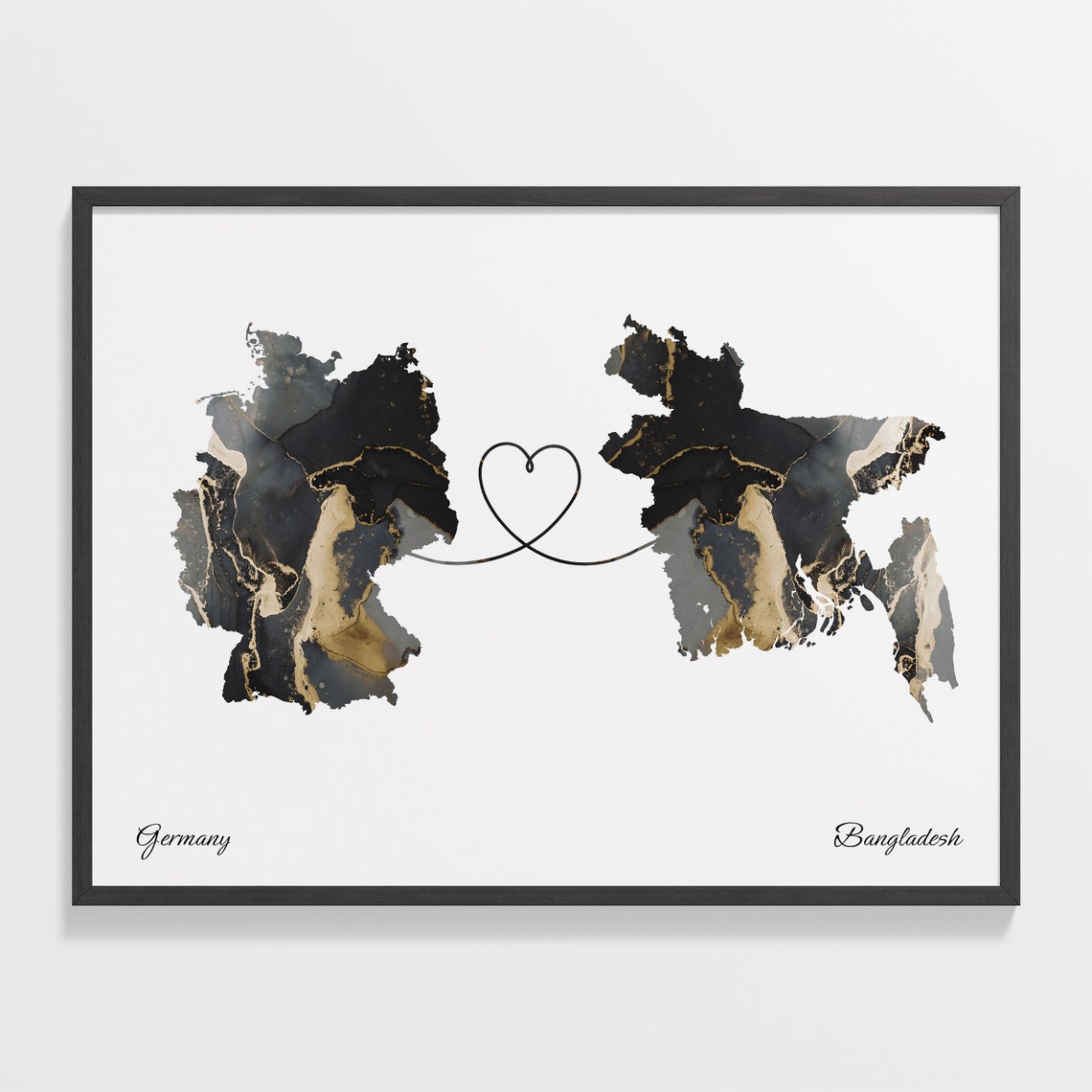 Germany and Bangladesh Marble Heart Connected Countries Map Poster