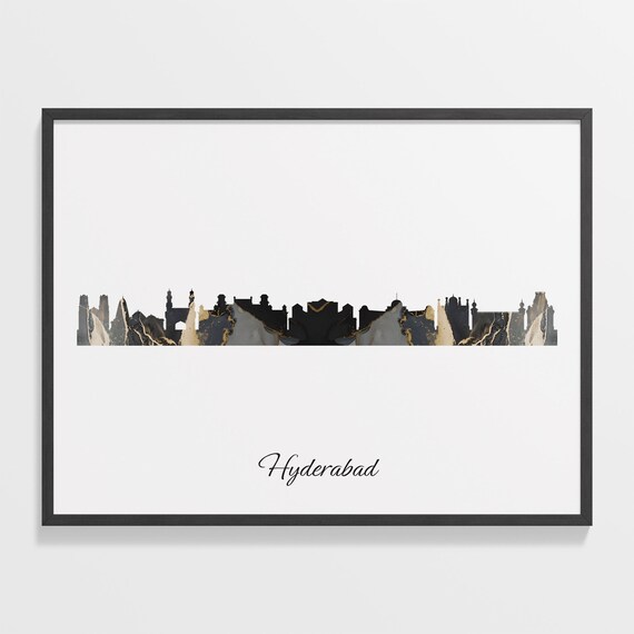 Hyderabad India Black Gold Marble Skyline Silhouette Art Poster