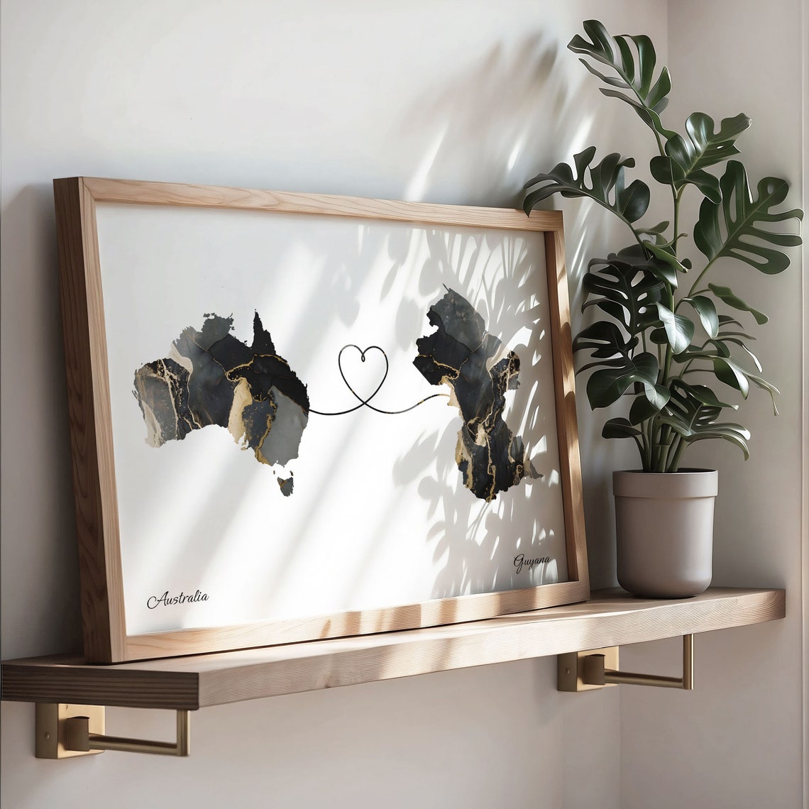Australia To Guyana Black Gold Marble Long Distance Heart Map Poster - Image 3