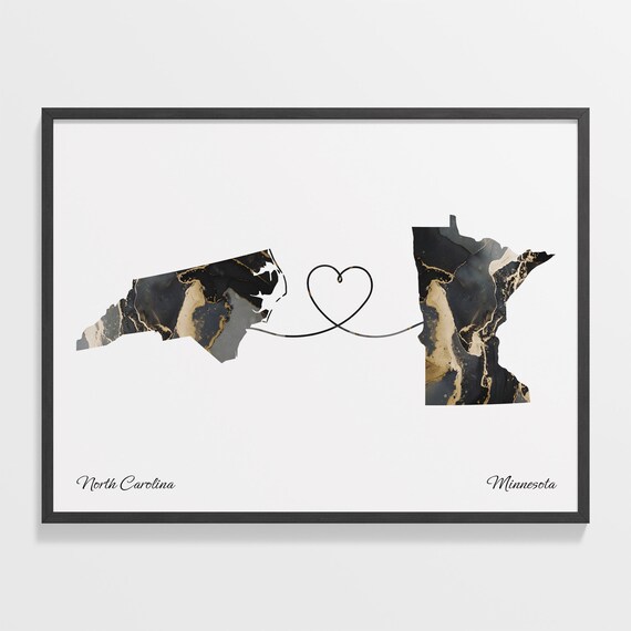 North Carolina to Minnesota Black Marble State Map Long Distance Love Poster