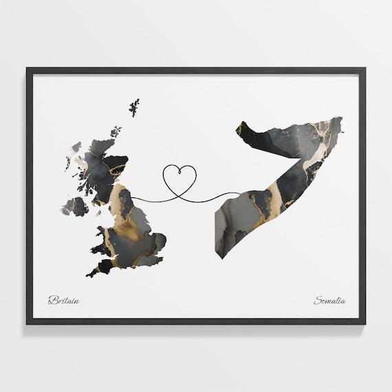 Britain and Somalia Black Gold Marble Two Country Love Map Poster