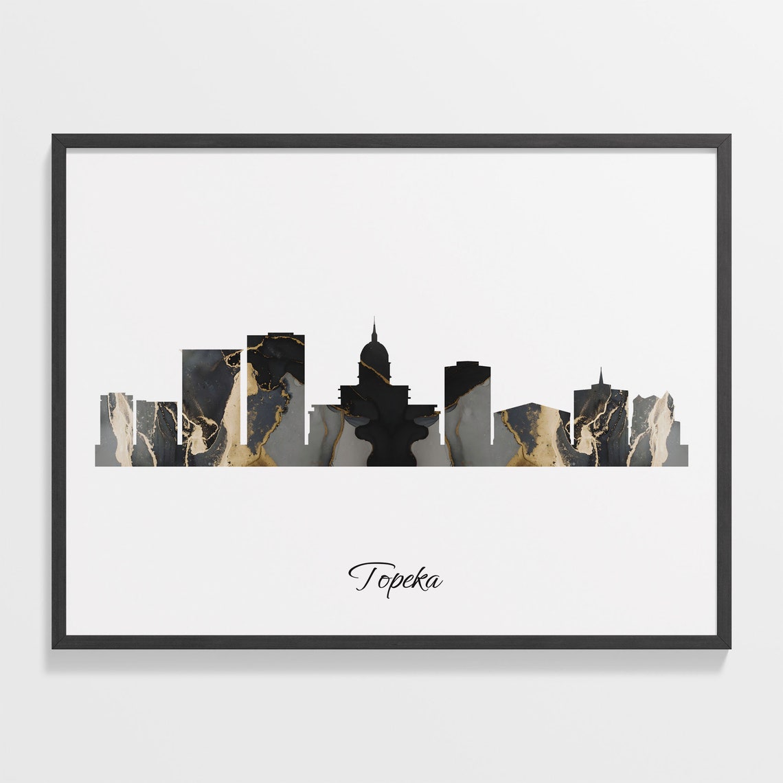 Topeka Kansas Black and Gold Marble Skyline Silhouette Art Poster