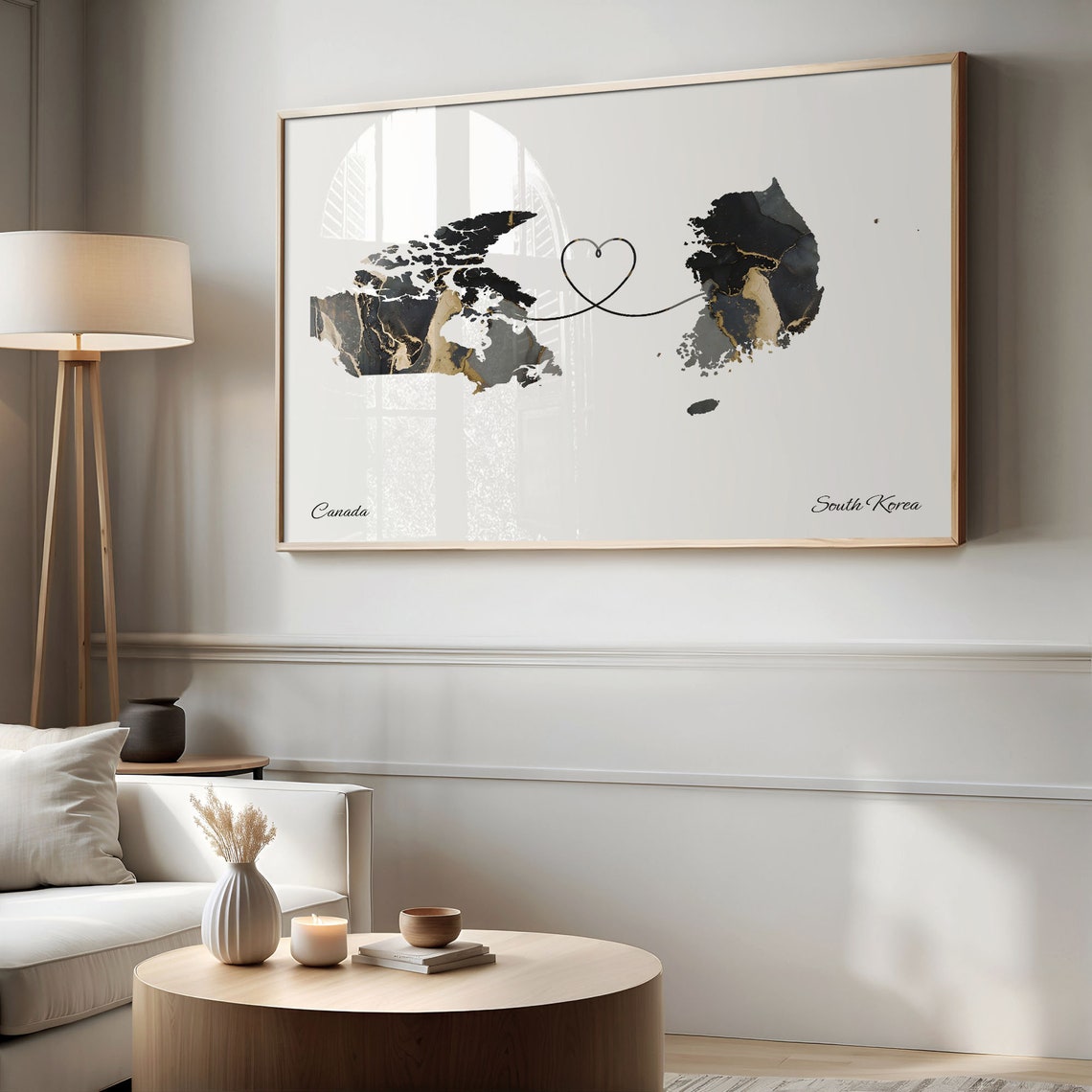 Canada To South Korea Black Gold Marble Long Distance Heart Map Poster - Image 2