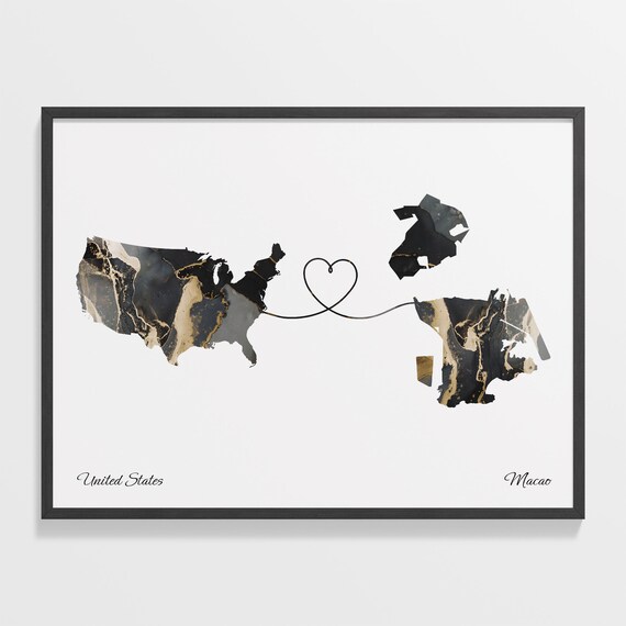 United States to Macao Marble Heart Map Poster Gift for Long Distance Love