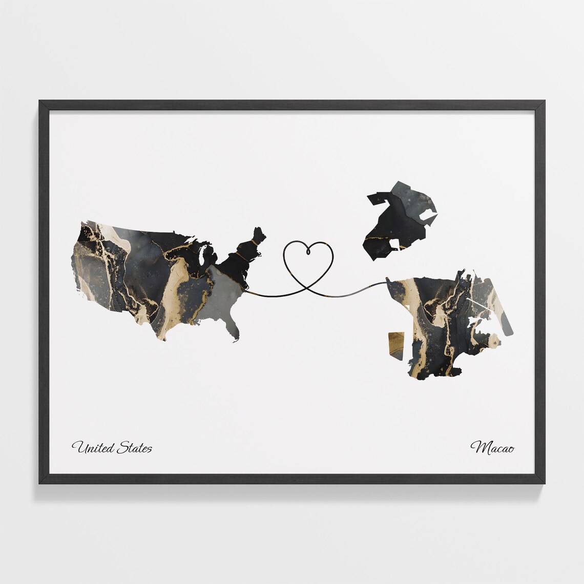 United States to Macao Marble Heart Map Poster Gift for Long Distance Love