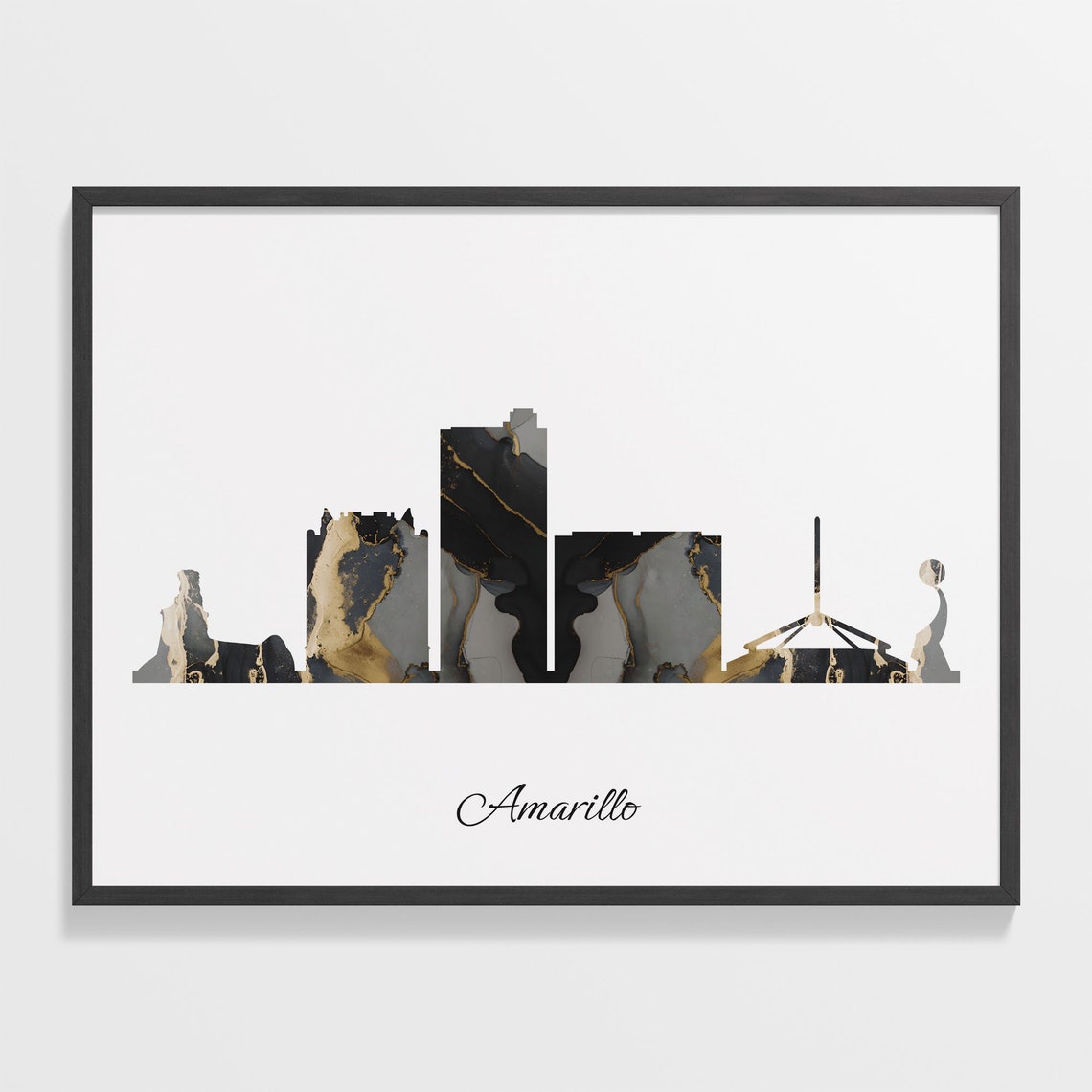 Amarillo USA Black Gold Marble Skyline Silhouette Cityscape Poster