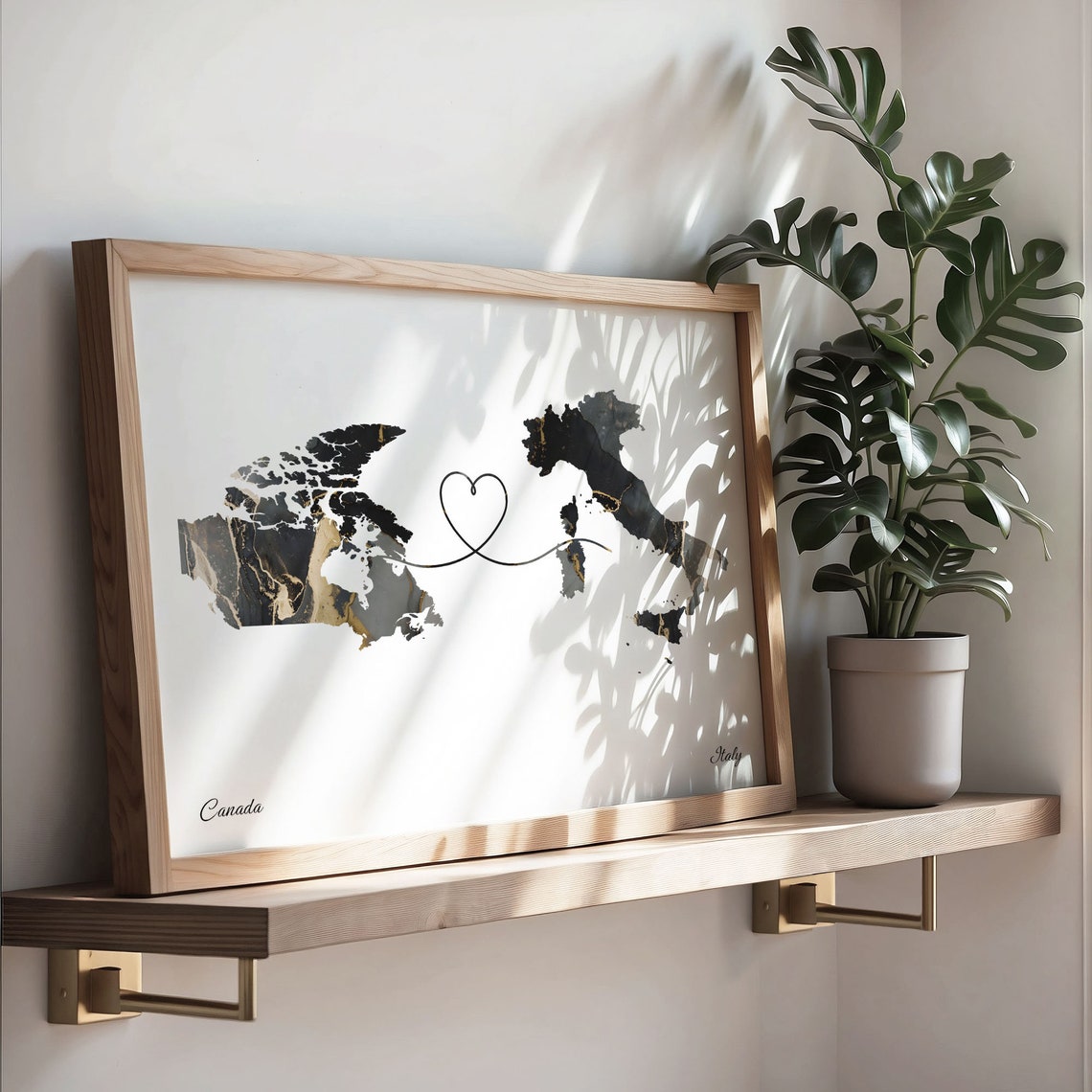 Canada to Italy Black Gold Marble Long Distance Heart Map Poster - Image 3