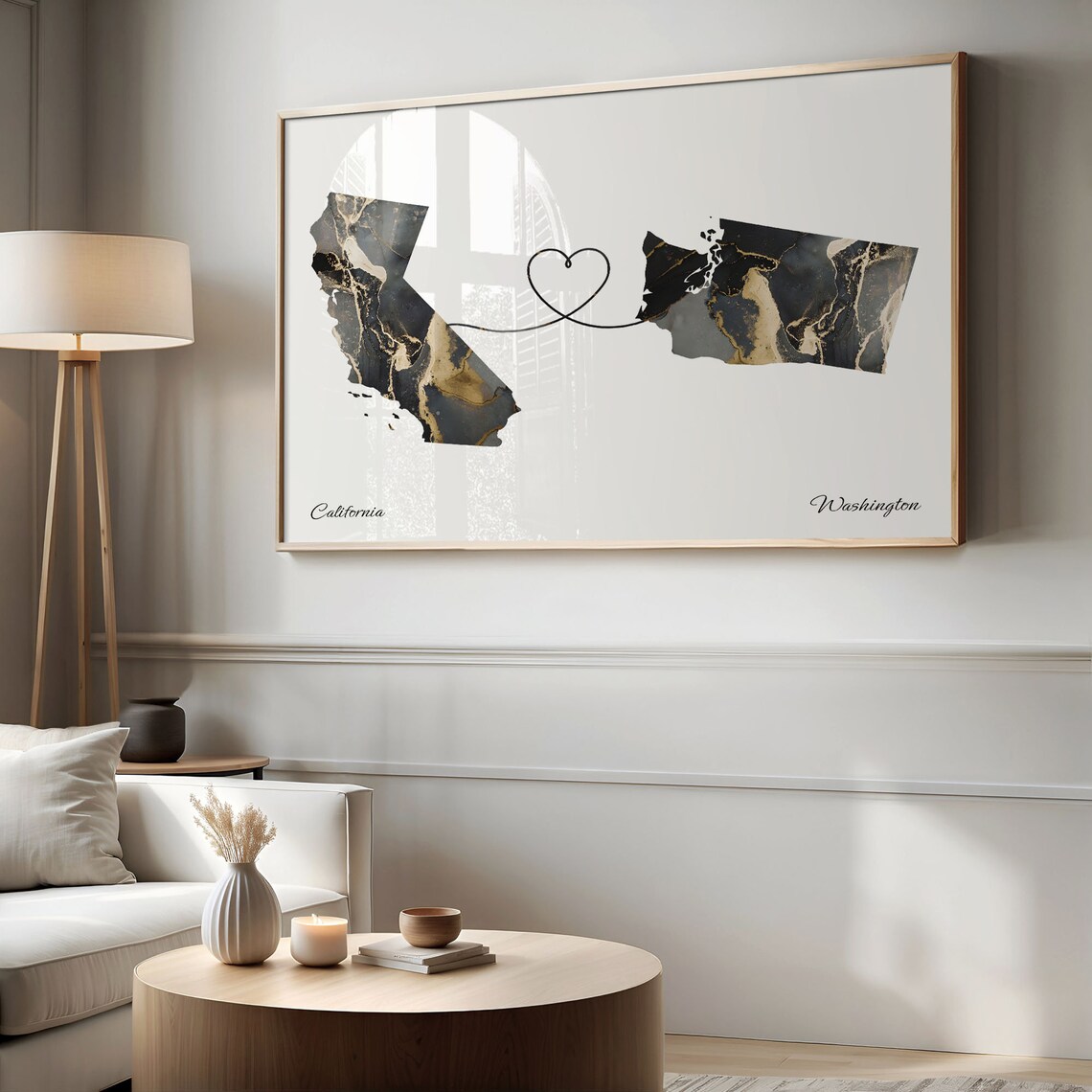 California to Washington Black Gold Marble Map Heart Line Art Poster - Image 2