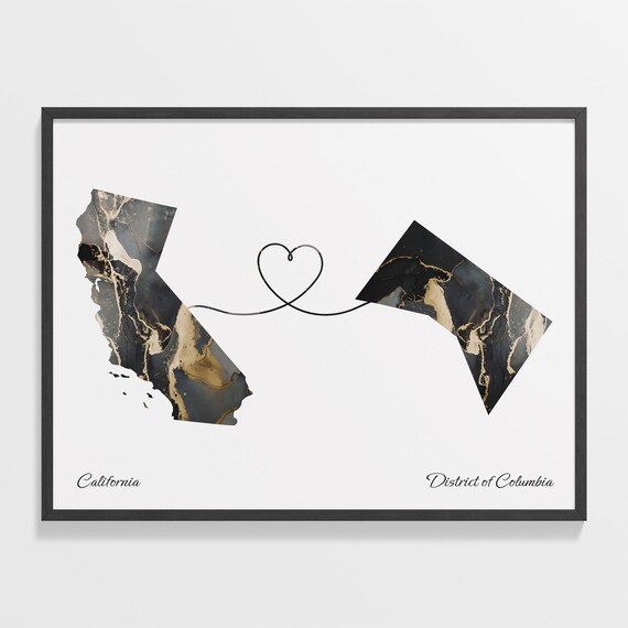 California to District of Columbia Black Gold Marble Map Heart Line Art Poster
