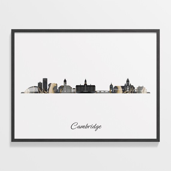 Cambridge United Kingdom Black Gold Marble Skyline Silhouette City Print