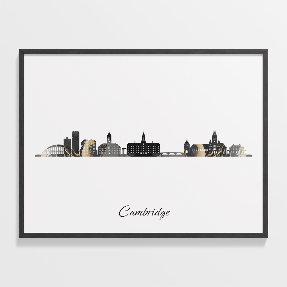 Cambridge United Kingdom Black Gold Marble Skyline Silhouette City Print