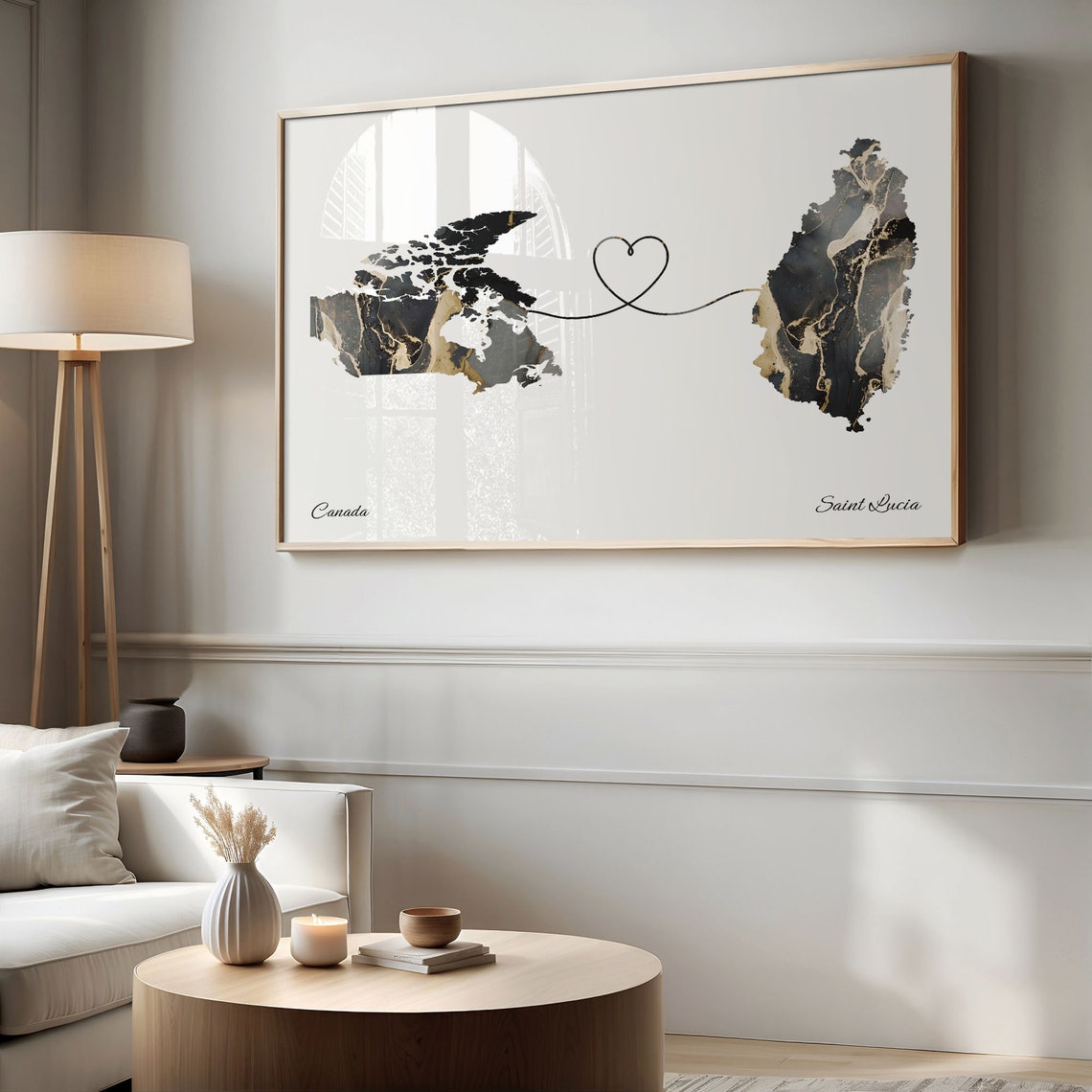 Canada to Saint Lucia Black Gold Marble Heart Connection Map Poster - Image 2