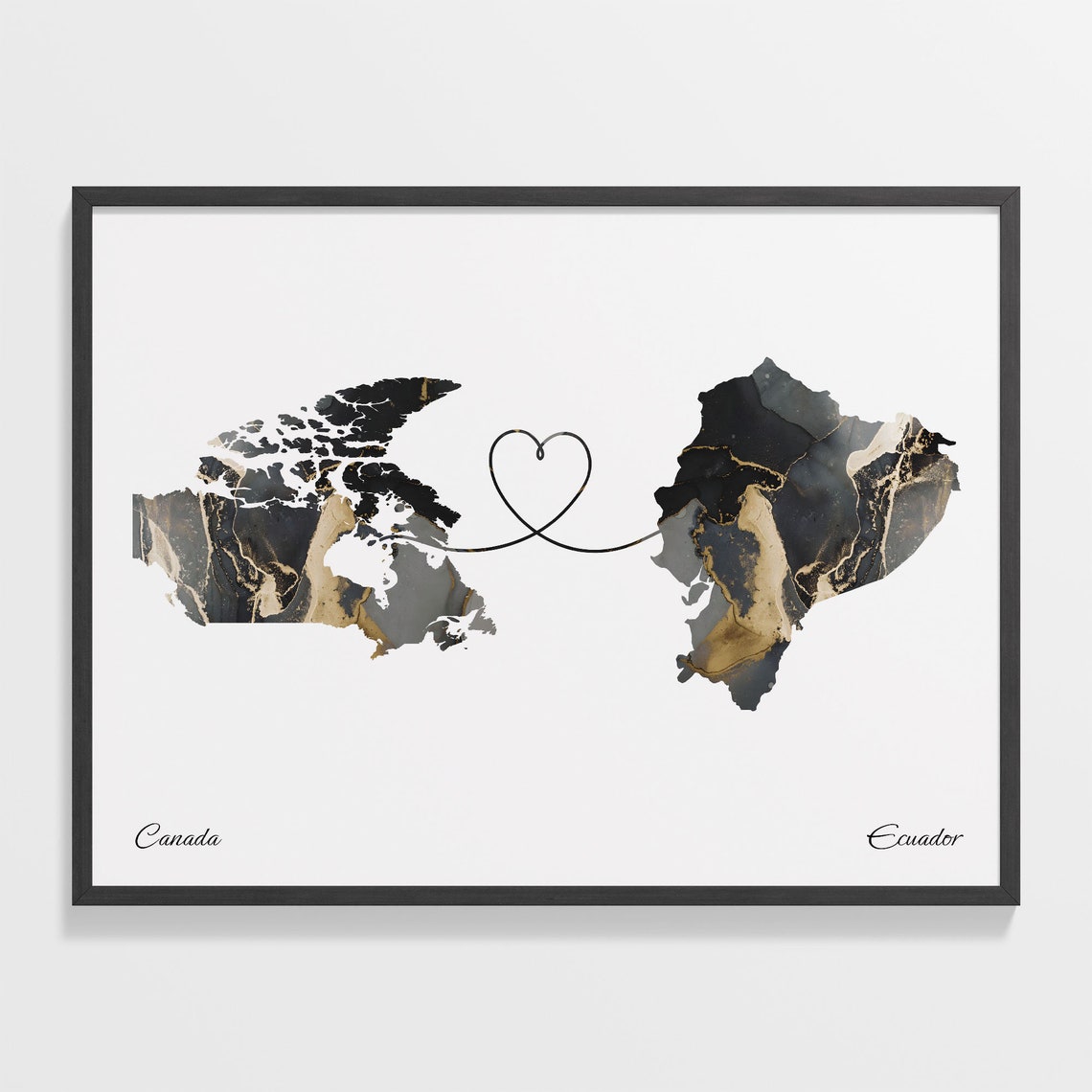 Canada Ecuador Long Distance Love Black Marble Heart Map Poster
