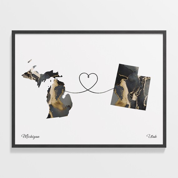 Michigan to Utah Black Marble State Map Long Distance Love Poster
