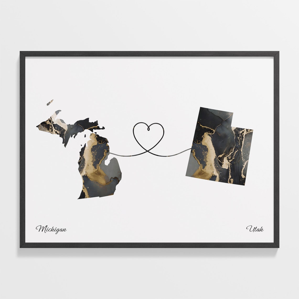 Michigan to Utah Black Marble State Map Long Distance Love Poster