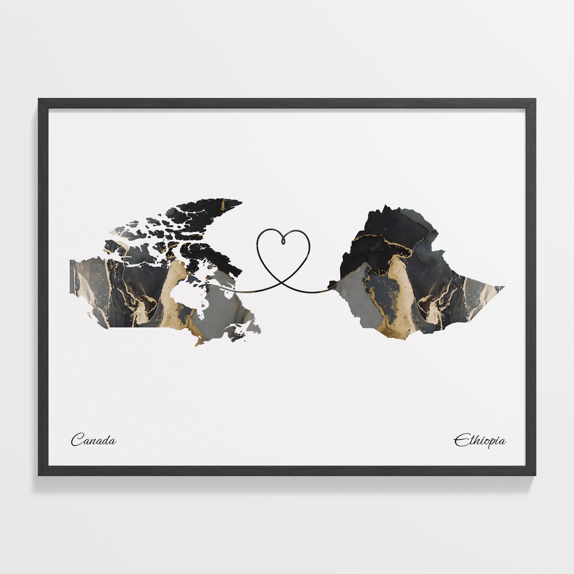 Canada to Ethiopia Marble Map with Heart Long Distance Love Poster