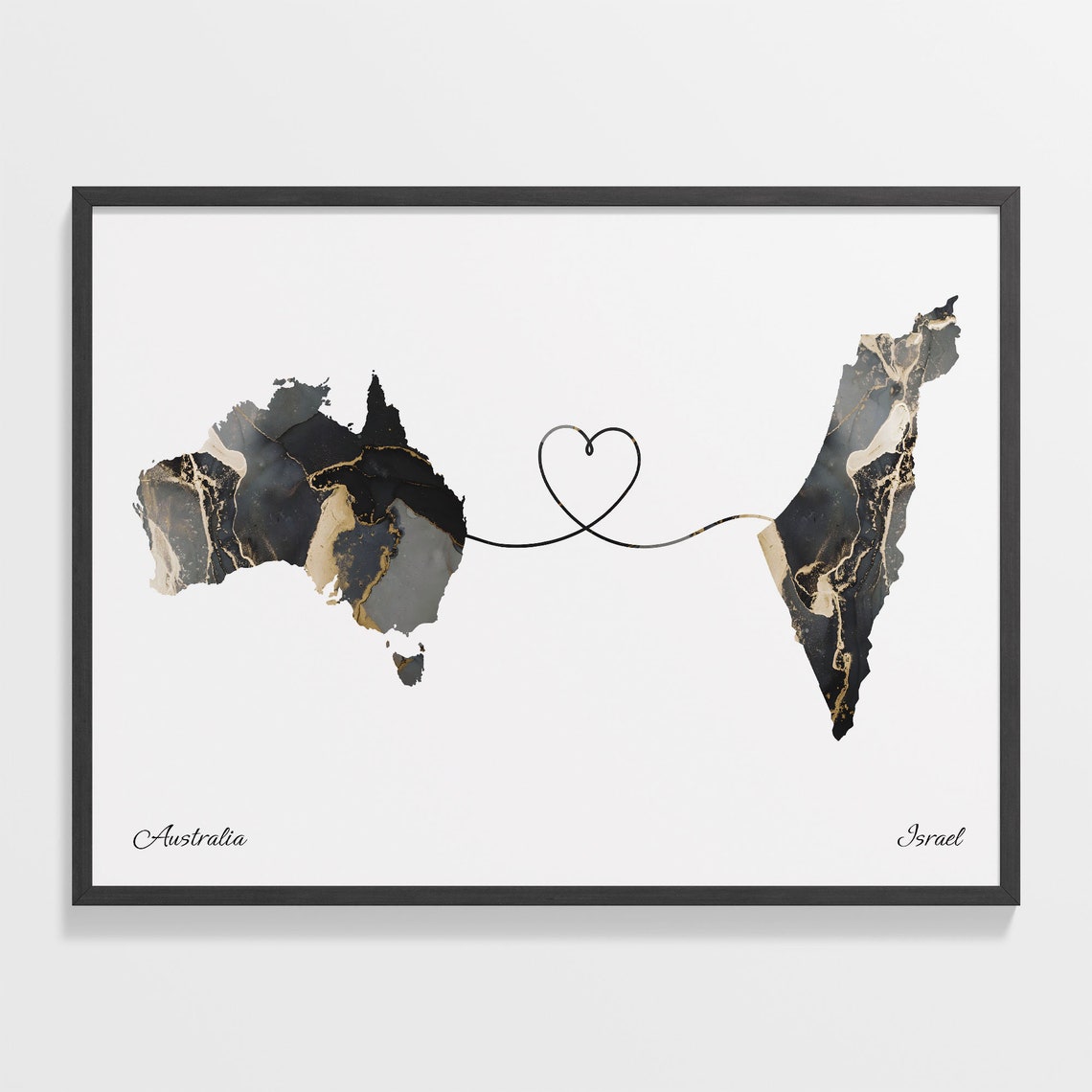 Australia and Israel Black Marble Heart Connection Map Poster